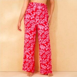 Shade & Shore Pink Tropical Print Ruffle Waist Cover up Pants